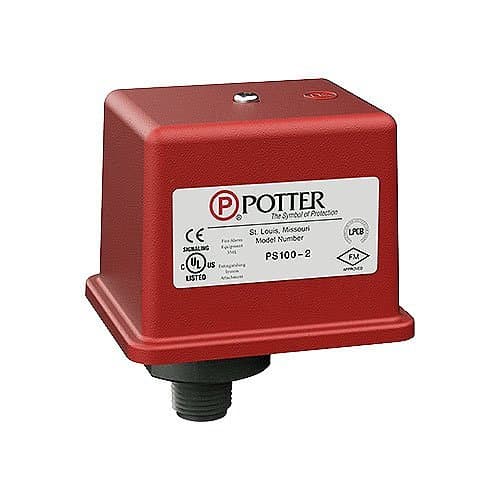 Red electrical component with Potter logo and certification labels on a white background