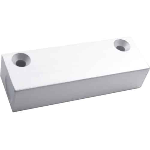 Rectangular white metal bracket with two holes on a white background