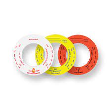 Three circular measurement tools in white, yellow, and red on a white background
