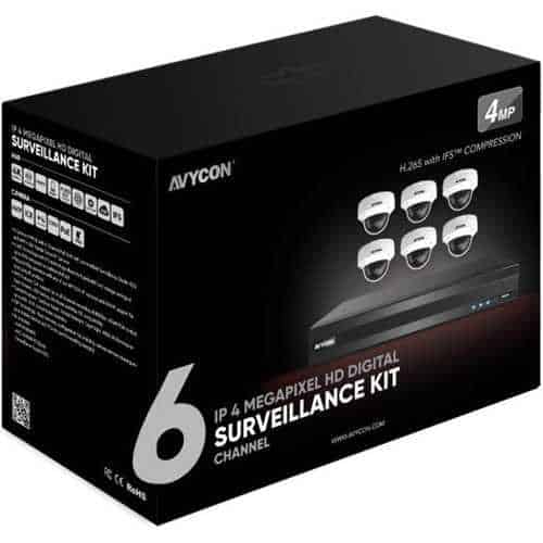 AVYCON AVK-HN41V6 Smart Analytics 7-Piece Surveillance Kit, (1) AVR-HN808P8 4K 8-Channel PoE NVR, 2TB HDD, (6) AVC-VHN41FLT 4MP Vandal Dome IP Cameras, White