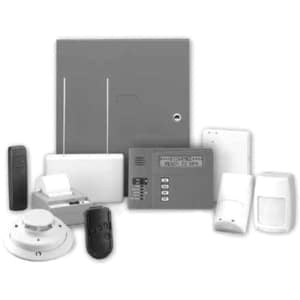 Collection of security system components on a white background