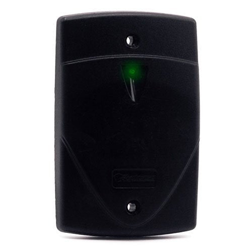 Black electronic device with a green light on a white background
