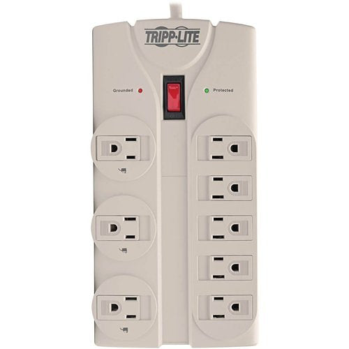 Tripp Lite TLP808 Protect It! 8-Outlet Surge Suppressor, 8' Cord with Right Angle Plug, 1440 Joules, Diagnostic LEDs, Light Gray Case