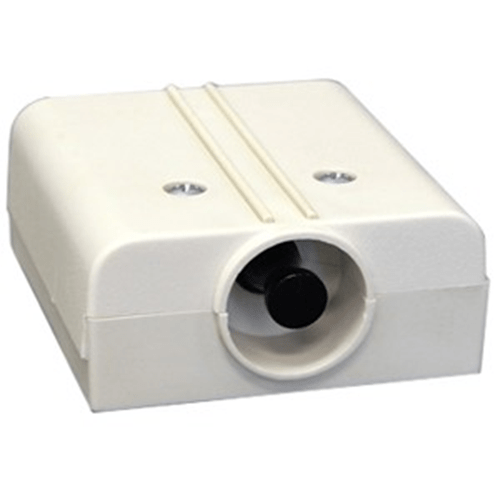 White plastic box with a cylindrical component on a white background