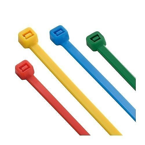 Four colorful cable ties in red, yellow, blue, and green on a white background