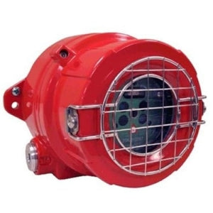 A red industrial safety device on a white background
