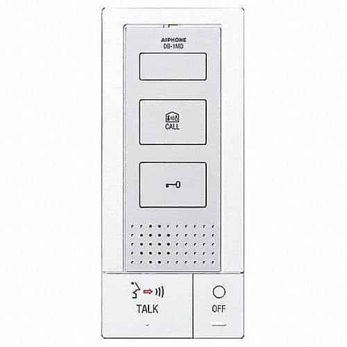 White intercom system panel with buttons and speaker on a white background
