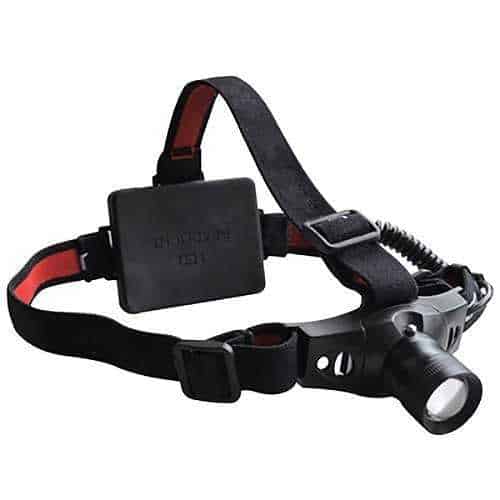 Black headlamp with strap on a white background