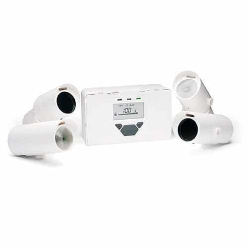 White electronic device with two cylindrical sensors on a white background