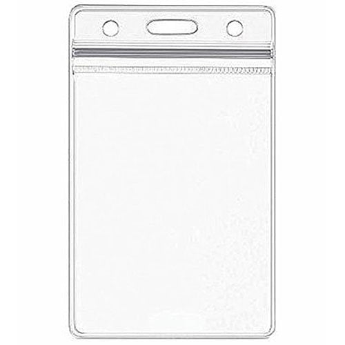 Clear plastic badge holder with a strap on a white background