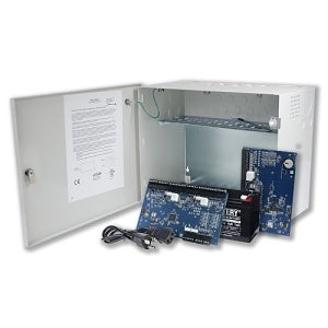Electrical enclosure with internal wiring and circuit boards on a white background
