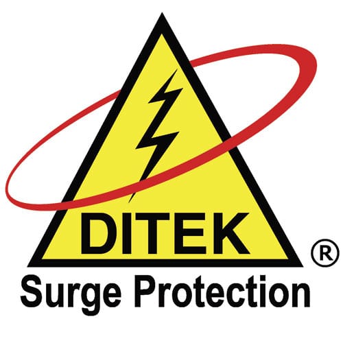 DITEK Surge Protection logo with a yellow triangle, black lightning bolt, and red circle on a white background.