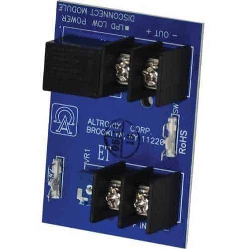 Electronic component with connectors and branding on a blue background