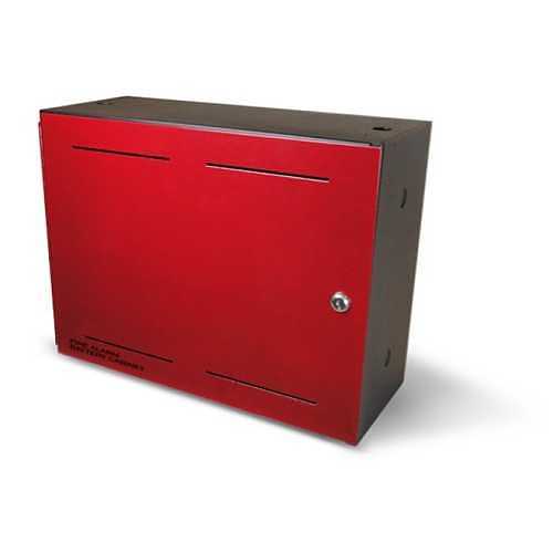 Red and black rectangular metal box on a white background