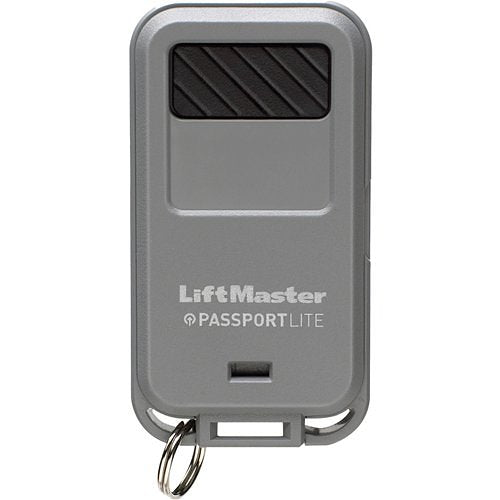 Gray remote control with keychain attachment on a white background, featuring LiftMaster branding.