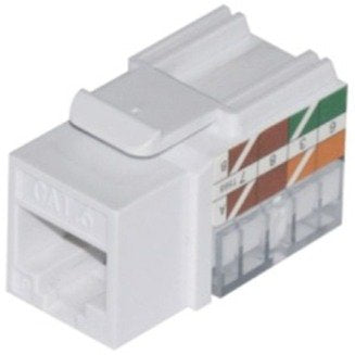 White Ethernet cable connector with color-coded wires on a white background