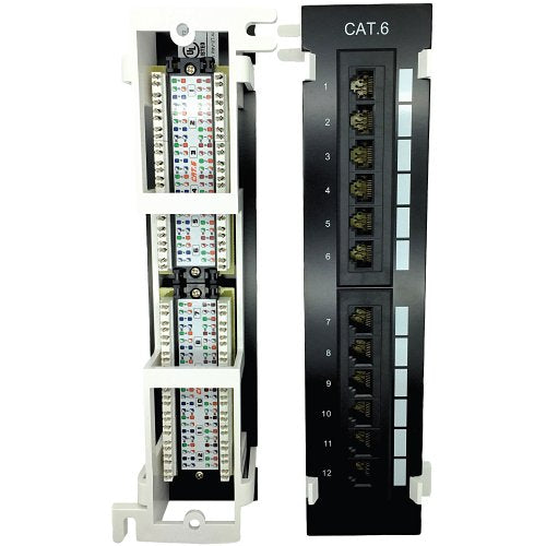 Network patch panel with multiple Ethernet ports on a white background