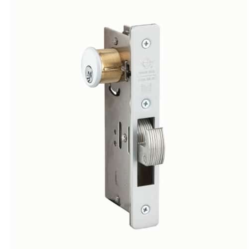 Metal door lock mechanism on a white background