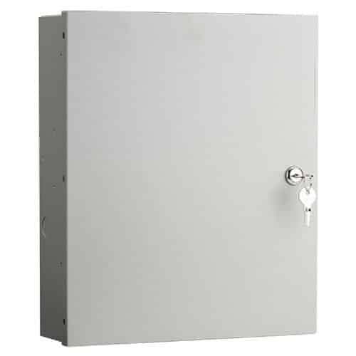 Metal wall-mounted box with a key lock on a white background