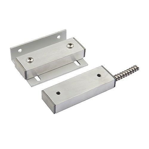 Two metallic door closers on a white background
