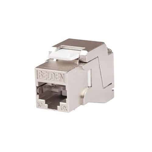 Shielded network jack designed to terminate Ethernet cables on a white background