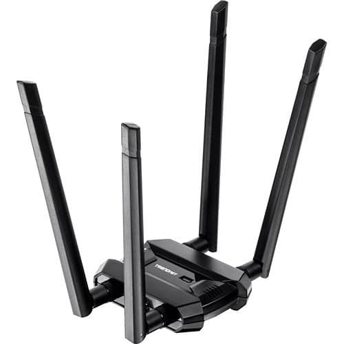 Black wireless router with multiple antennas on a white background