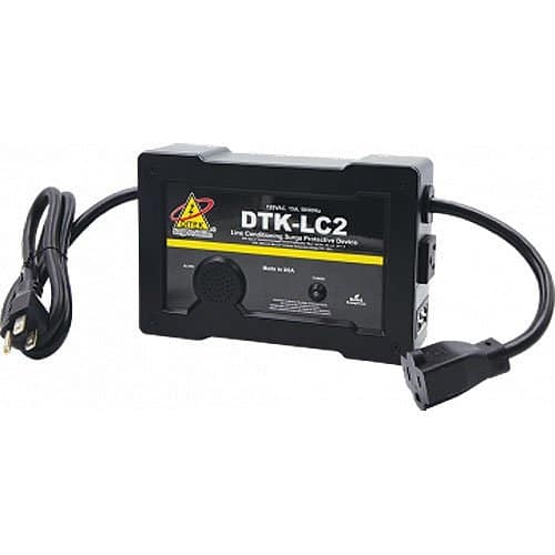 Black electronic device labeled DTK-LC2 with power cord on a white background