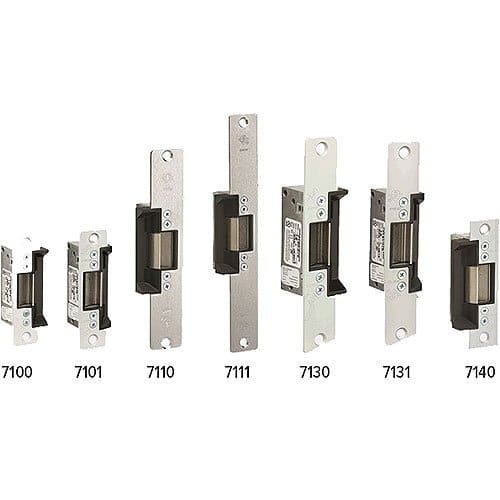 Set of metallic door locks with model numbers on a white background
