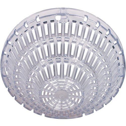 A clear, heavy-duty plastic cage or wire-style basket designed to serve as a protective guard