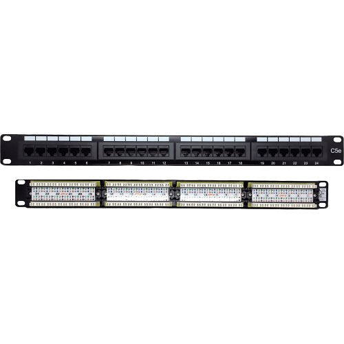 Network patch panel with multiple ports on a white background