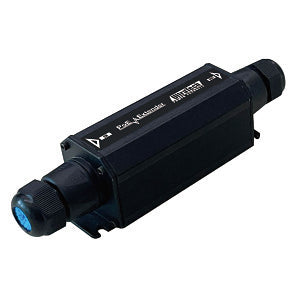 Black electronic component with blue light on a white background