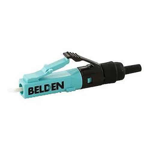 Fiber optic connector with Belden branding on a white background