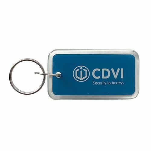 Blue keychain with CDVI logo and text on a white background