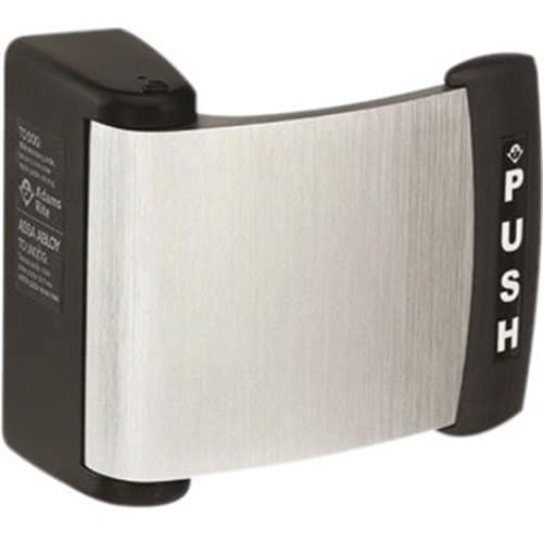 Black and silver door handle with 'PUSH' label on a white background