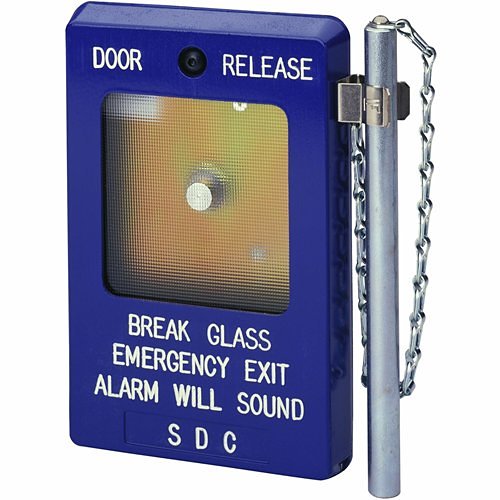 Blue, wall-mounted emergency door release station, shown against a plain white background