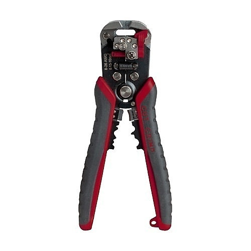 Pair of red and black wire strippers on a white background