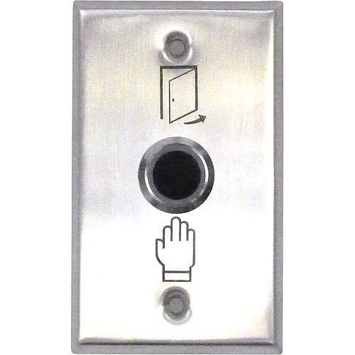 Metal doorbell push button with door and hand icon on a white background