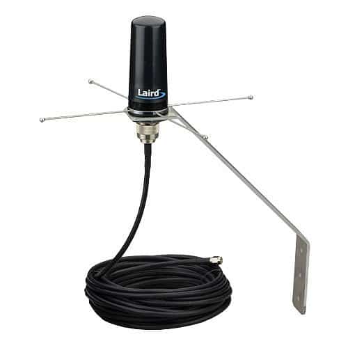 Antenna with black cable and metal bracket on a white background