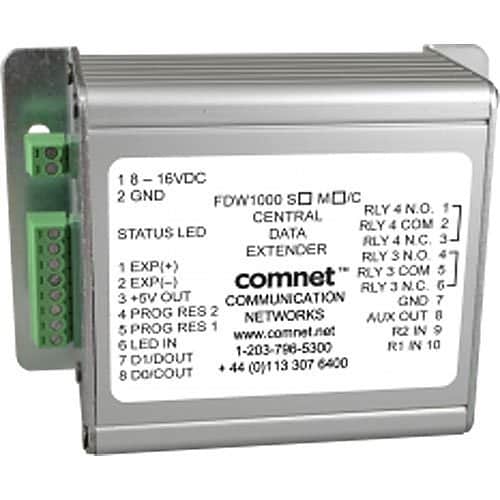Comnet electronic device with label and wiring on a white background