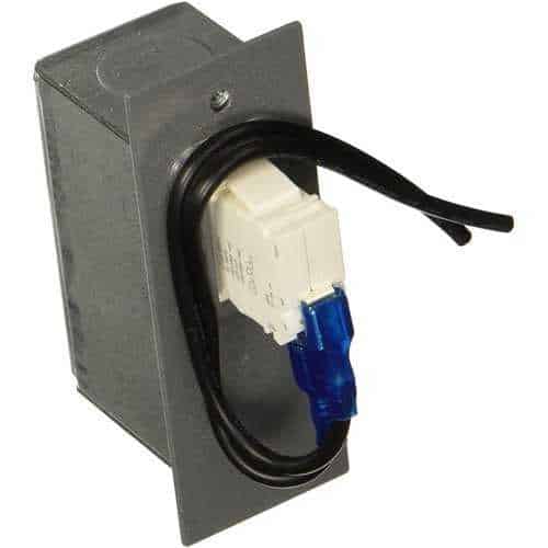 Electrical junction box with wires and connector on a white background