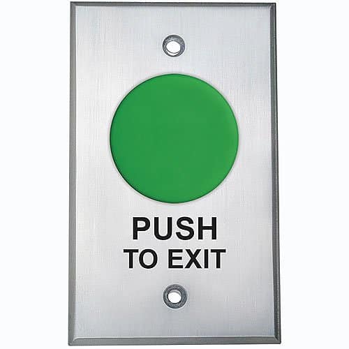 Green 'Push to Exit' button on a metallic plate