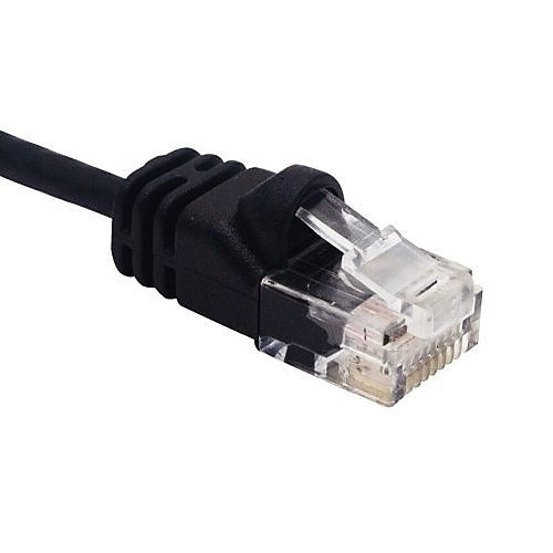 Black Ethernet cable with clear connector on a white background