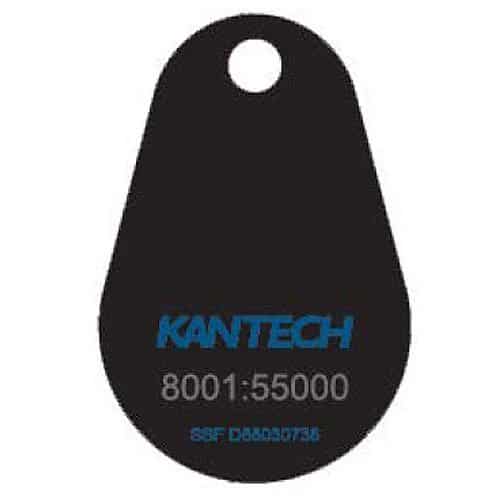 Black tag with blue text 'Kantech' and numbers on a white background
