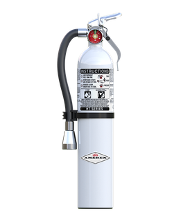 White fire extinguisher with black hose on a white background