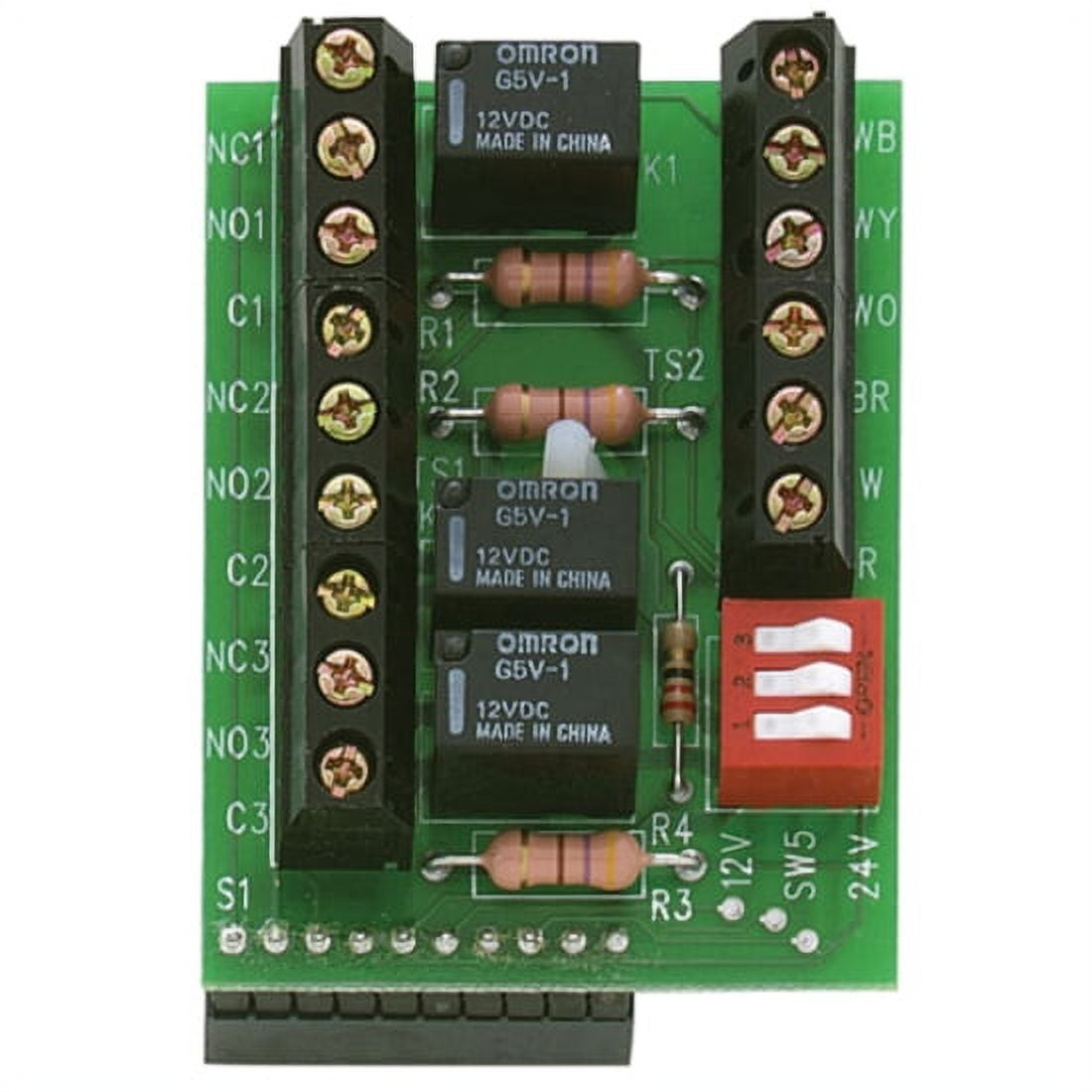 Electronic circuit board with relays and switches on a green background