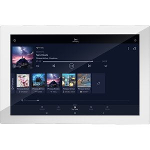 Digital display with music player interface on a white background