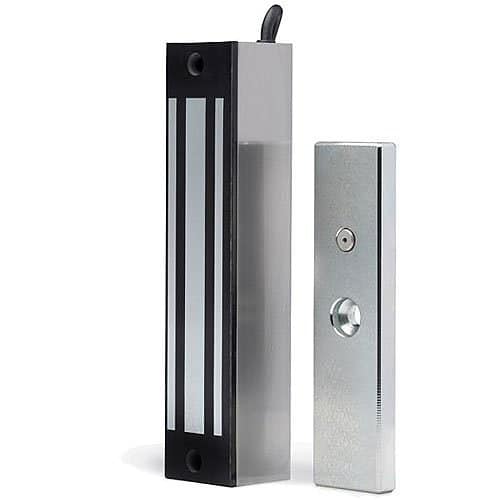 An electromagnetic door lock system, consisting of two separate metal components set against a plain white background