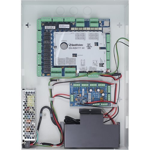 GeoVision GV-AS4111 KIT Complete with Ul Certification, 4-Door Panel with Power Board and Optional Backup Battery Unit in Iron Case