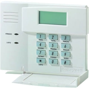 Honeywell security keypad with digital display on a white background