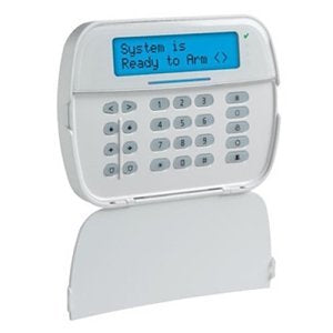 White electronic alarm key pad device with digital display on a white background